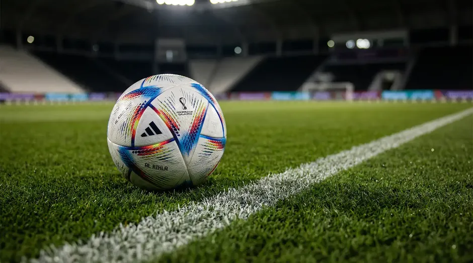 Futbalová lopta na zelenom trávniku futbalového ihriska pred zápasom